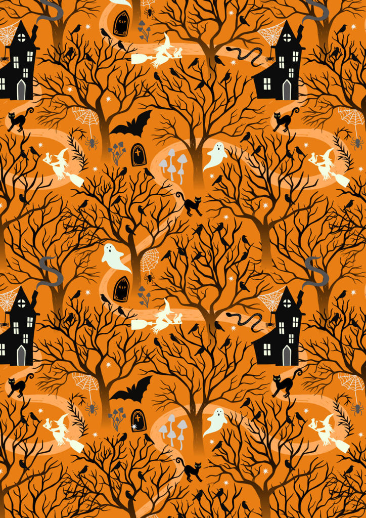 {New Arrival} Lewis & Irene Fabrics Witchy Woods Glow in the Dark Witchy Woods Halloween Orange
