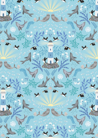 {New Arrival} Lewis & Irene Fabrics Puffin Rock Lighthouse Light Blue