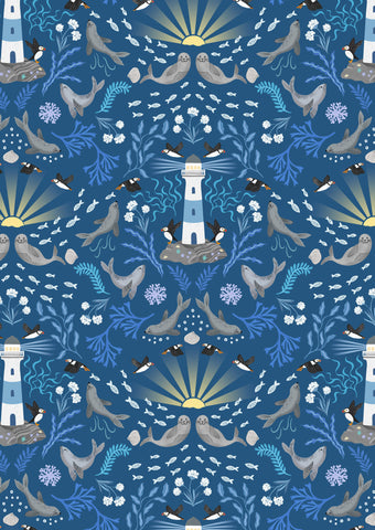 {New Arrival} Lewis & Irene Fabrics Puffin Rock Lighthouse Dark Blue
