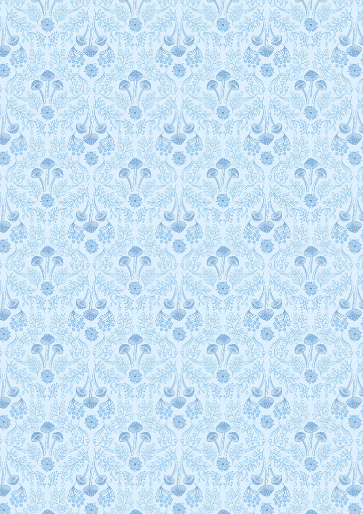 {New Arrival} Lewis & Irene Fabrics Forget-Me-Not Lane Woodland Mushrooms Pale Blue