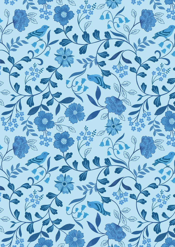 {New Arrival} Lewis & Irene Fabrics Forget-Me-Not Lane Countryside Birds China Blue