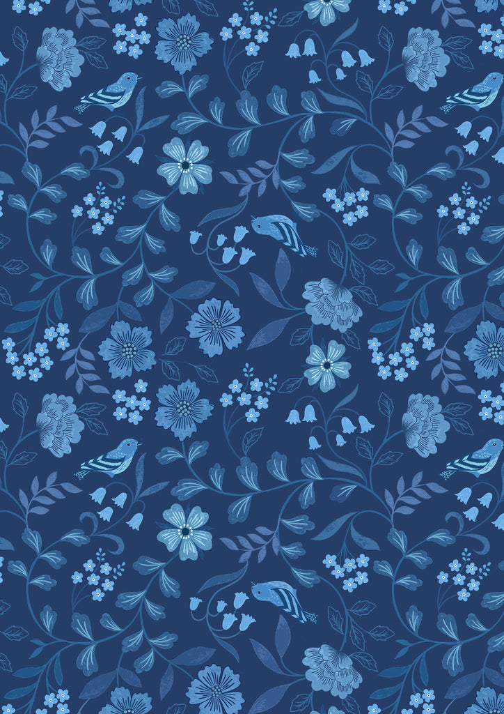{New Arrival} Lewis & Irene Fabrics Forget-Me-Not Lane Countryside Birds Dark Blue