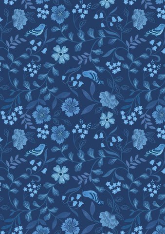 {New Arrival} Lewis & Irene Fabrics Forget-Me-Not Lane Countryside Birds Dark Blue