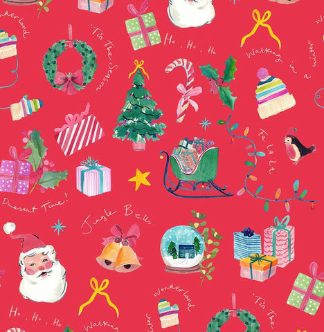 {New Arrival} Lewis & Irene Fabrics Bluebellgray Fa La La Jingle Bells Berry Red