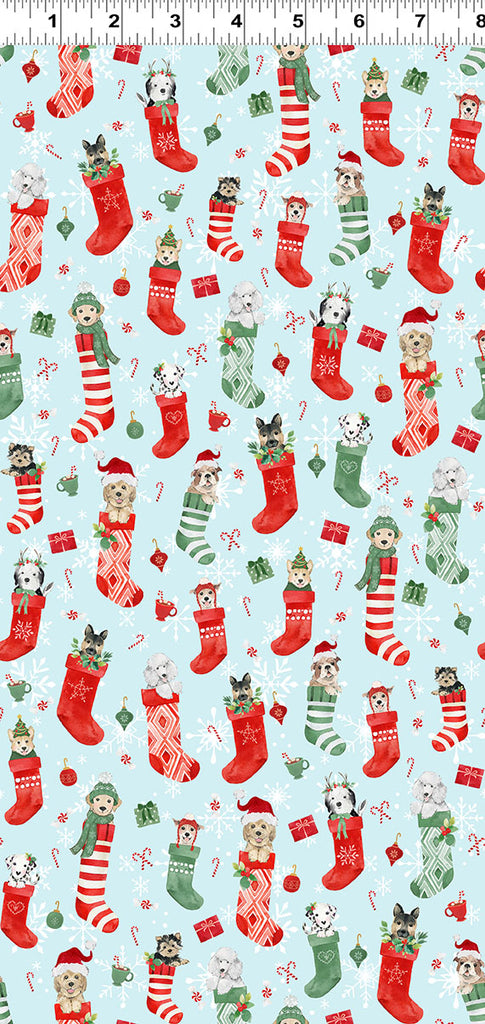{New Arrival} Clothworks Santa Paws Digital Stockings Light Blue