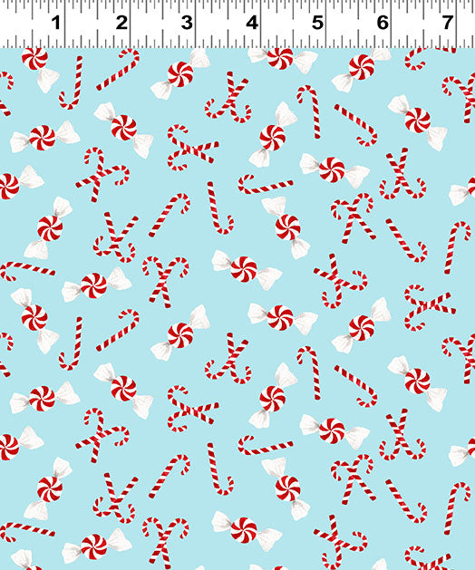{New Arrival} Clothworks Santa Paws Candy Canes Light Blue