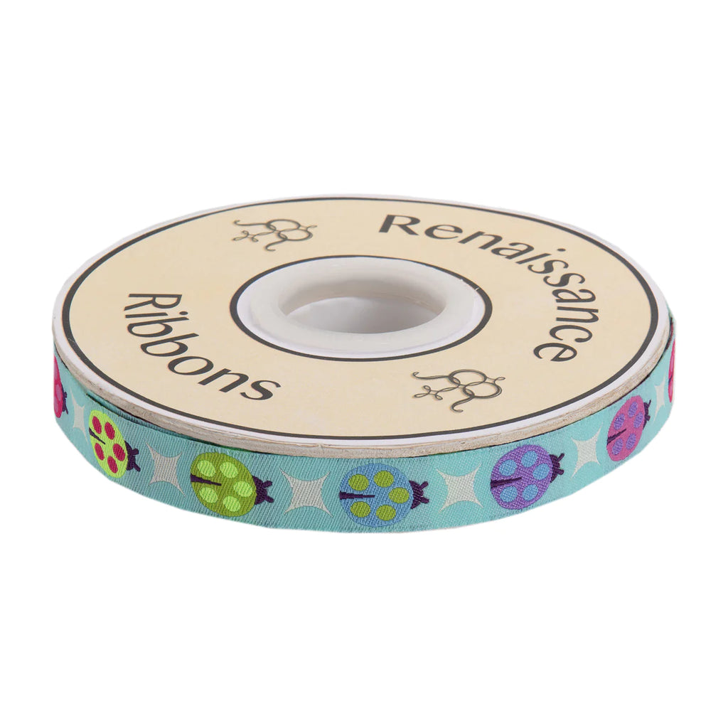 {New Arrival} Tula Pink Tiny Beasts Renaissance Ribbon Painted Ladies Aqua Glimmer-5/8"