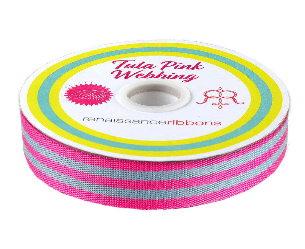 {New Arrival} Tula Pink Renaissance Ribbons Webbing 1" Aqua/Hot Pink