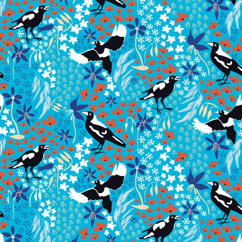 Amanda Joy Designs Taking Flight Merry Magpies on Bright Blue