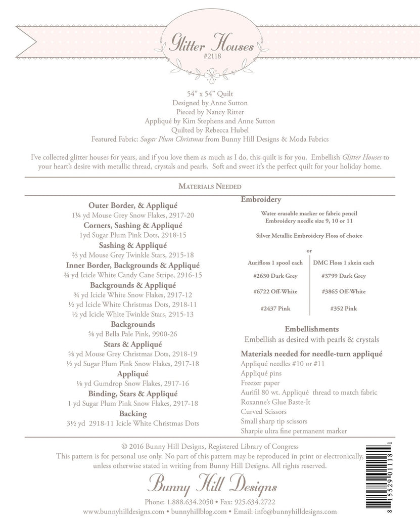 Bunny Hill Designs Glitter Houses Quilt Pattern