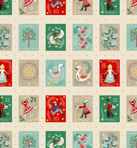 Lewis & Irene 12 Days Of Christmas Squares on Ivory Gold Metallic 60cm Increments