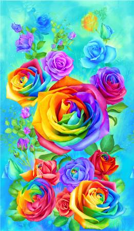 Timeless Treasures Chong-a Hwang Rainbow Rose Aqua Rainbow Rose Panel
