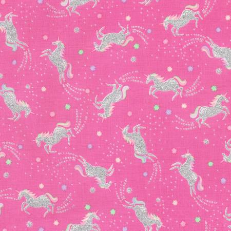 Timeless Treasures Fuchsia Tossed Unicorns Glitter