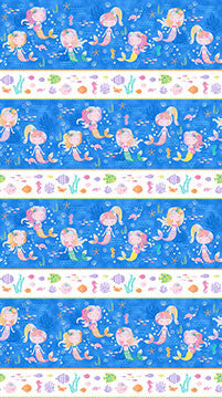Northcott Mermaid Wishes Stripe Border Print Glitter