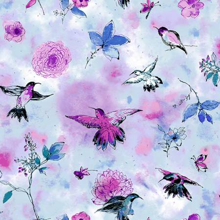 RJR Bloom Bloom Butterfly Hummingbird Flight - Sky Fabric