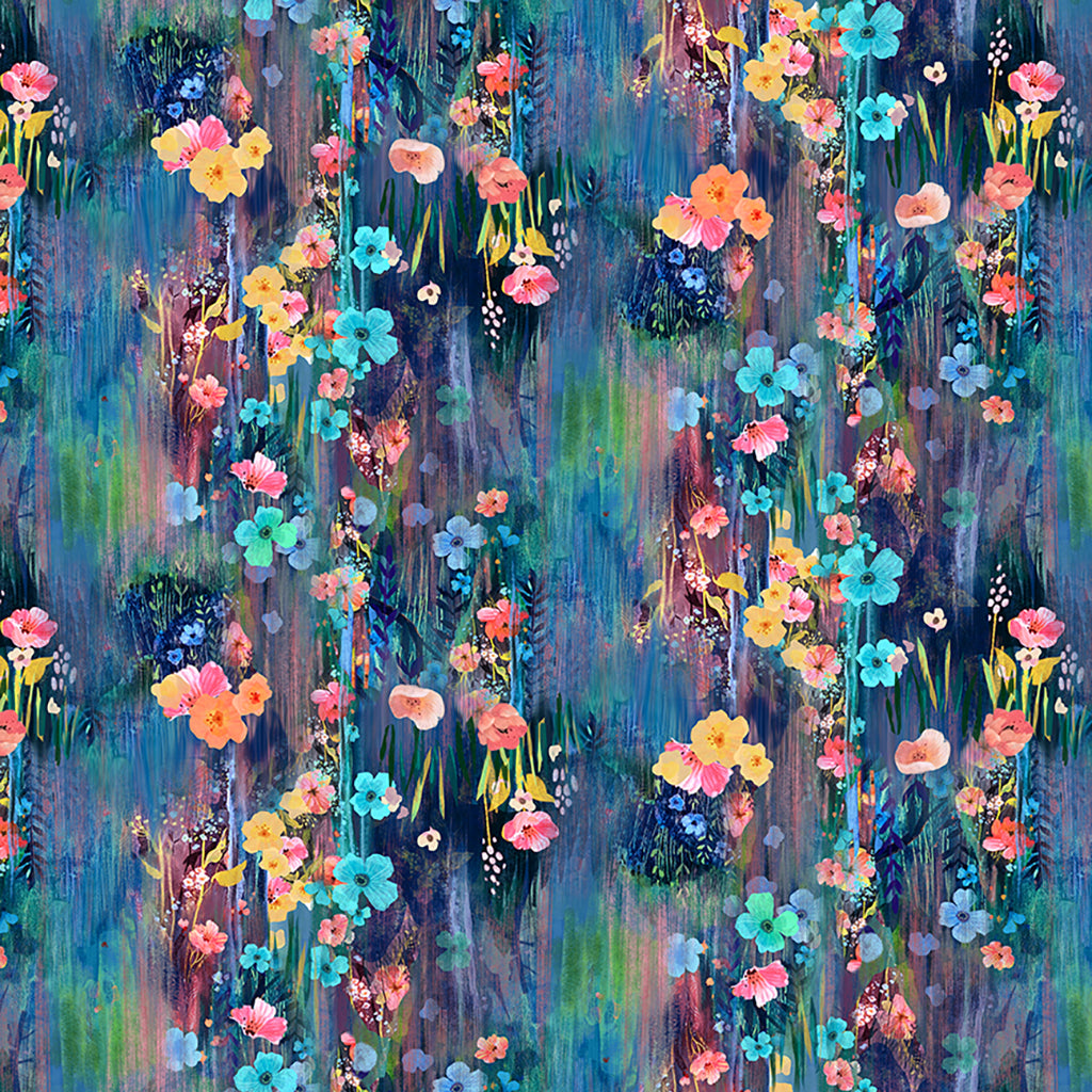 Clothworks Moments Digital Floral Drip Navy Blue