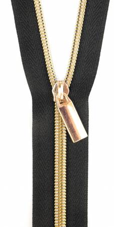 Sallie Tomato Zippers By The Yard Black Tape Light Gold Teeth #5