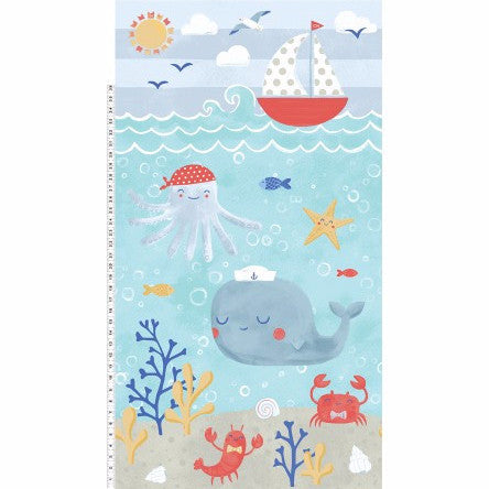 Clothworks Sail Away Aqua Border Print 60cm Increments