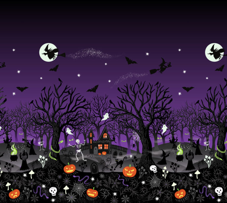{New Arrival} Lewis & Irene Fabrics Witchy Woods Glow in the Dark Witchy Woods Double Border Print