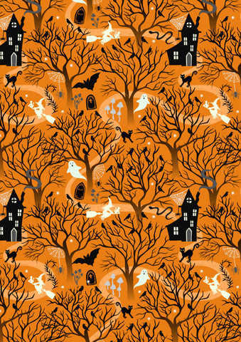 {New Arrival} Lewis & Irene Fabrics Witchy Woods Glow in the Dark Witchy Woods Halloween Orange