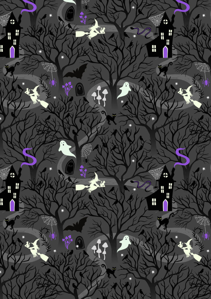 {New Arrival} Lewis & Irene Fabrics Witchy Woods Glow in the Dark Witchy Woods Dark Grey
