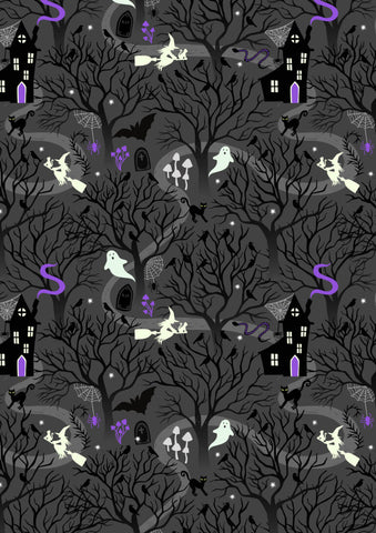 {New Arrival} Lewis & Irene Fabrics Witchy Woods Glow in the Dark Witchy Woods Dark Grey
