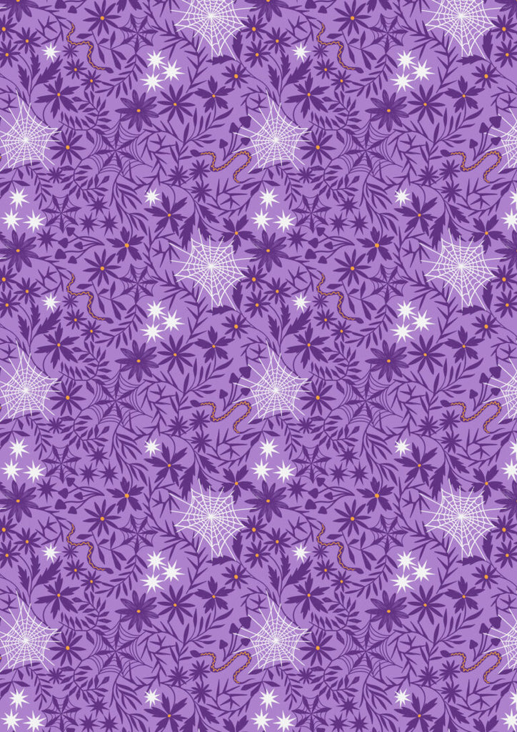 {New Arrival} Lewis & Irene Fabrics Witchy Woods Glow in the Dark Witchy Woods Floral Cobwebs Light Purple
