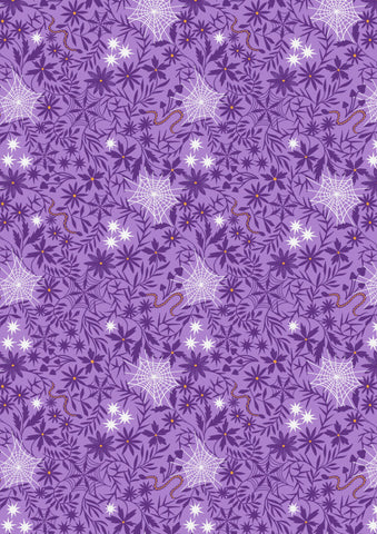 {New Arrival} Lewis & Irene Fabrics Witchy Woods Glow in the Dark Witchy Woods Floral Cobwebs Light Purple