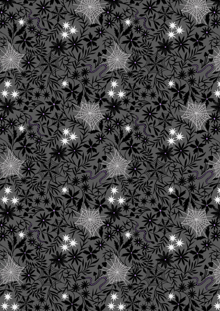{New Arrival} Lewis & Irene Fabrics Witchy Woods Glow in the Dark Witchy Woods Floral Cobwebs Grey