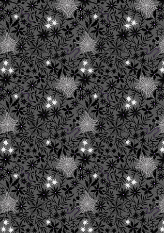{New Arrival} Lewis & Irene Fabrics Witchy Woods Glow in the Dark Witchy Woods Floral Cobwebs Grey