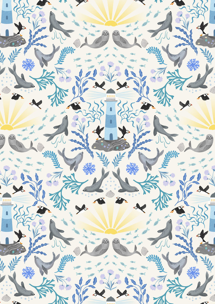 {New Arrival} Lewis & Irene Fabrics Puffin Rock Lighthouse Cream