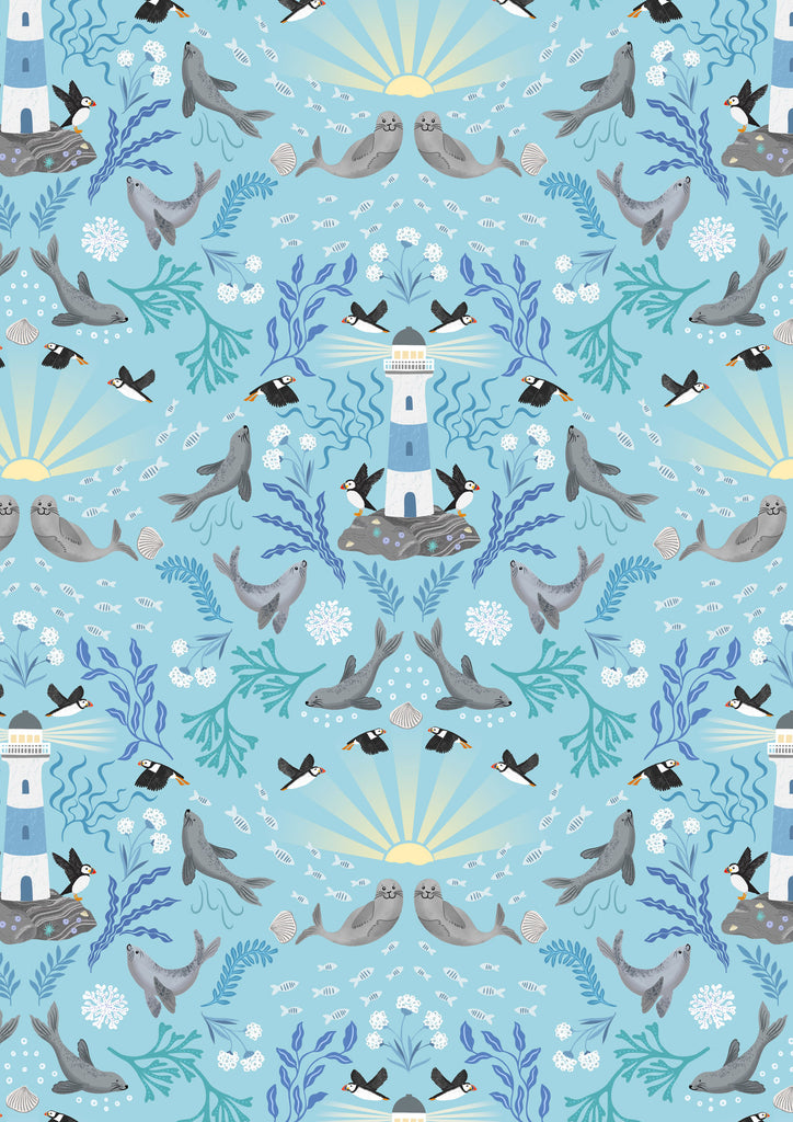 {New Arrival} Lewis & Irene Fabrics Puffin Rock Lighthouse Light Blue