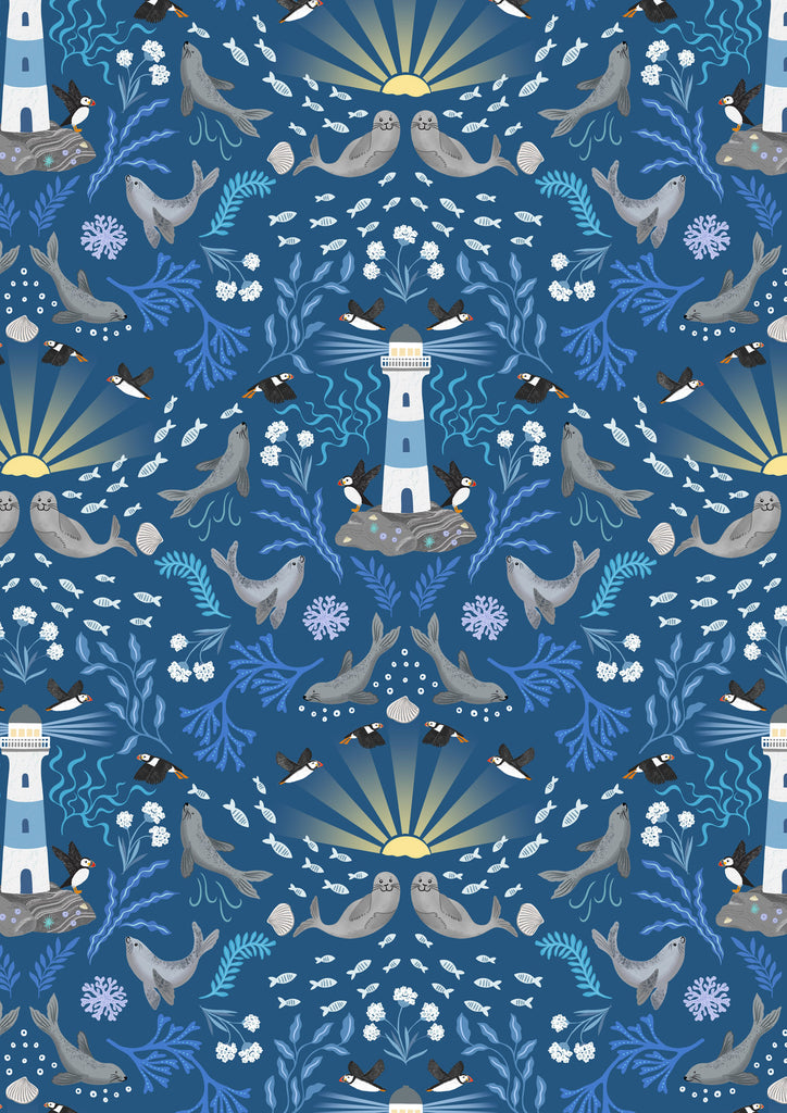 {New Arrival} Lewis & Irene Fabrics Puffin Rock Lighthouse Dark Blue