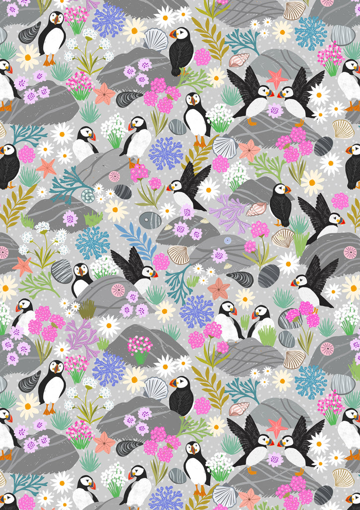 {New Arrival} Lewis & Irene Fabrics Puffin Rock Puffin Bayuffins Light Rock