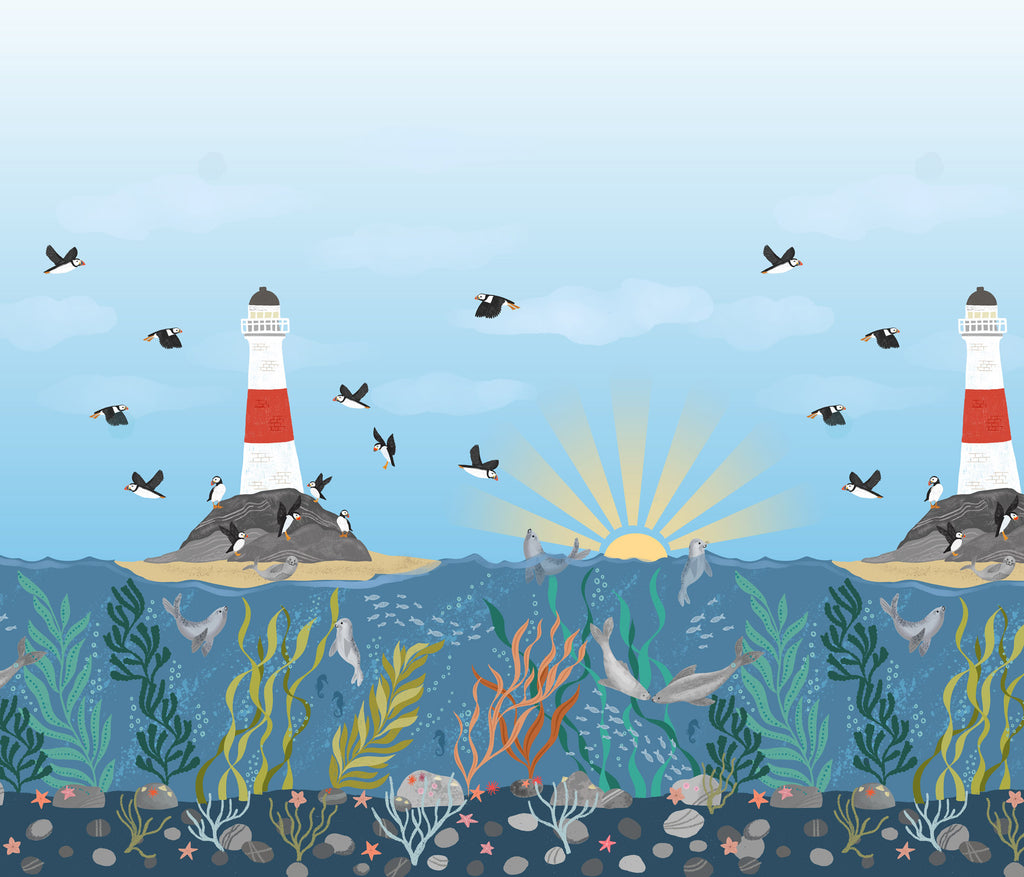 {New Arrival} Lewis & Irene Fabrics Puffin Rock Double Border Print Puffin Bay 87cm Cut