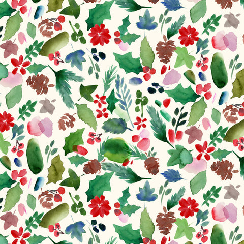 {New Arrival} Lewis & Irene Fabrics Merry Happy Christmas Festive Foliage - Winter White