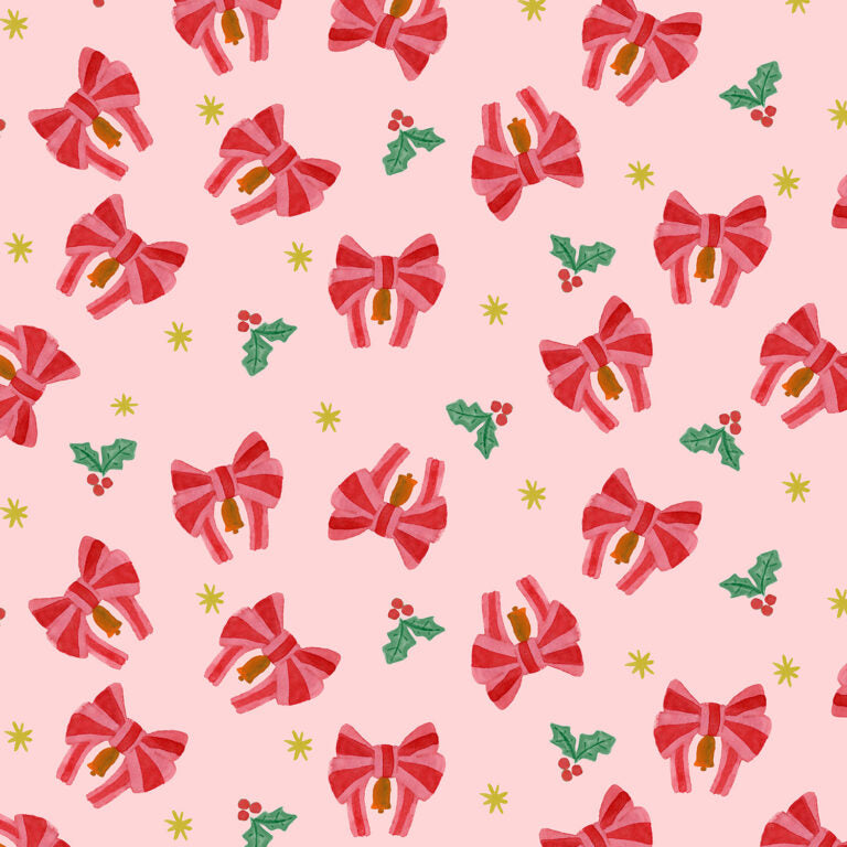 {New Arrival} Lewis & Irene Fabrics Merry Happy Christmas Bows & Bells - Candy Cane
