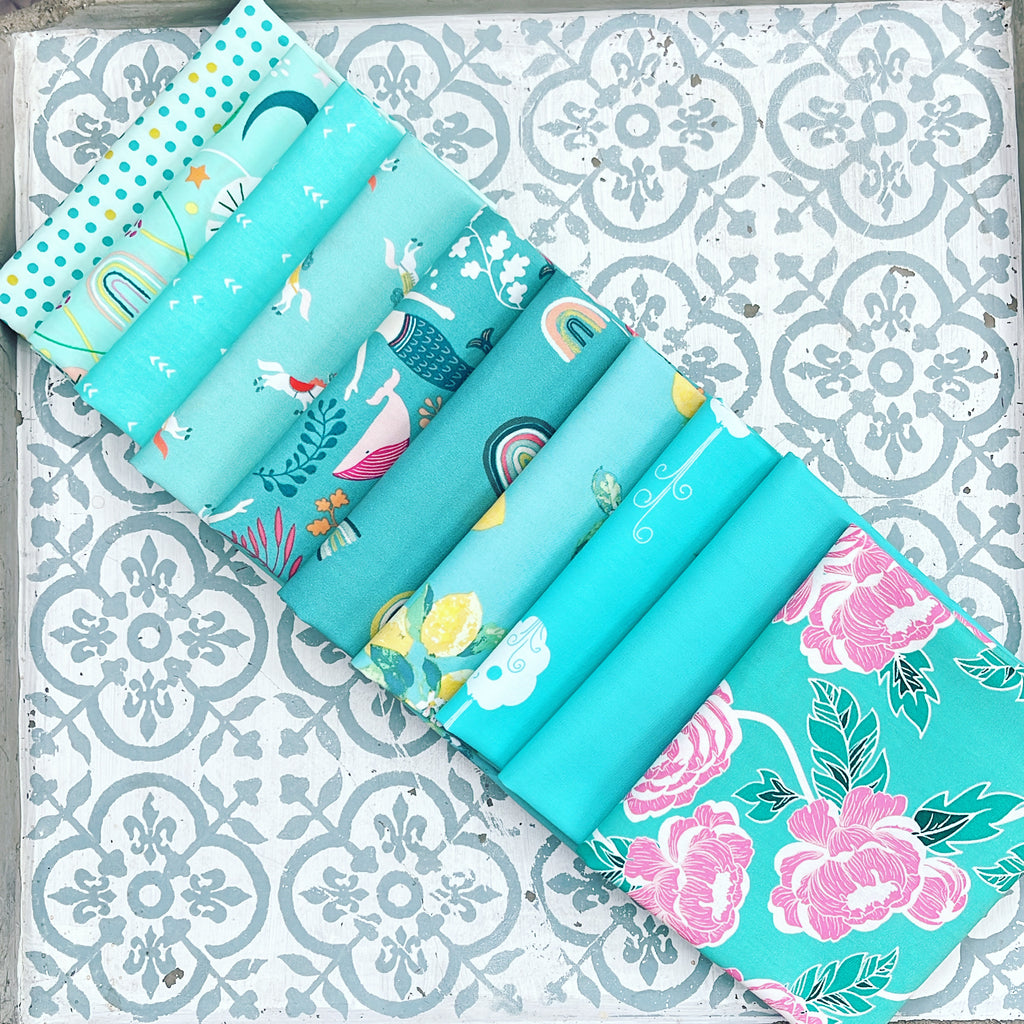 {New Arrival} Art Gallery Fabrics Curated Bundle Colour Series Fat Quarter Bundle x 10 Pieces Bright Aqua