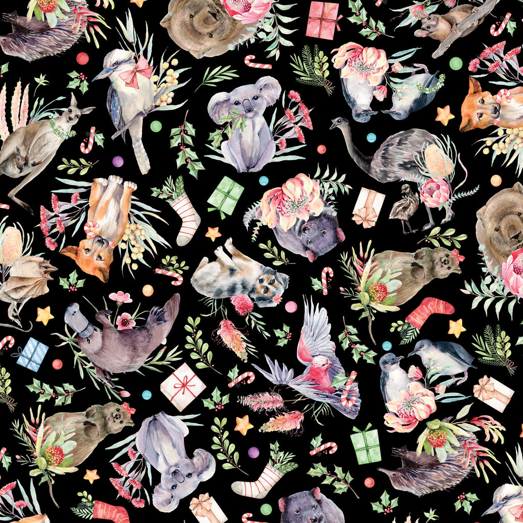 {New Arrival} Devonstone Bush Christmas Australiana Floral Animals Christmas Allover Black