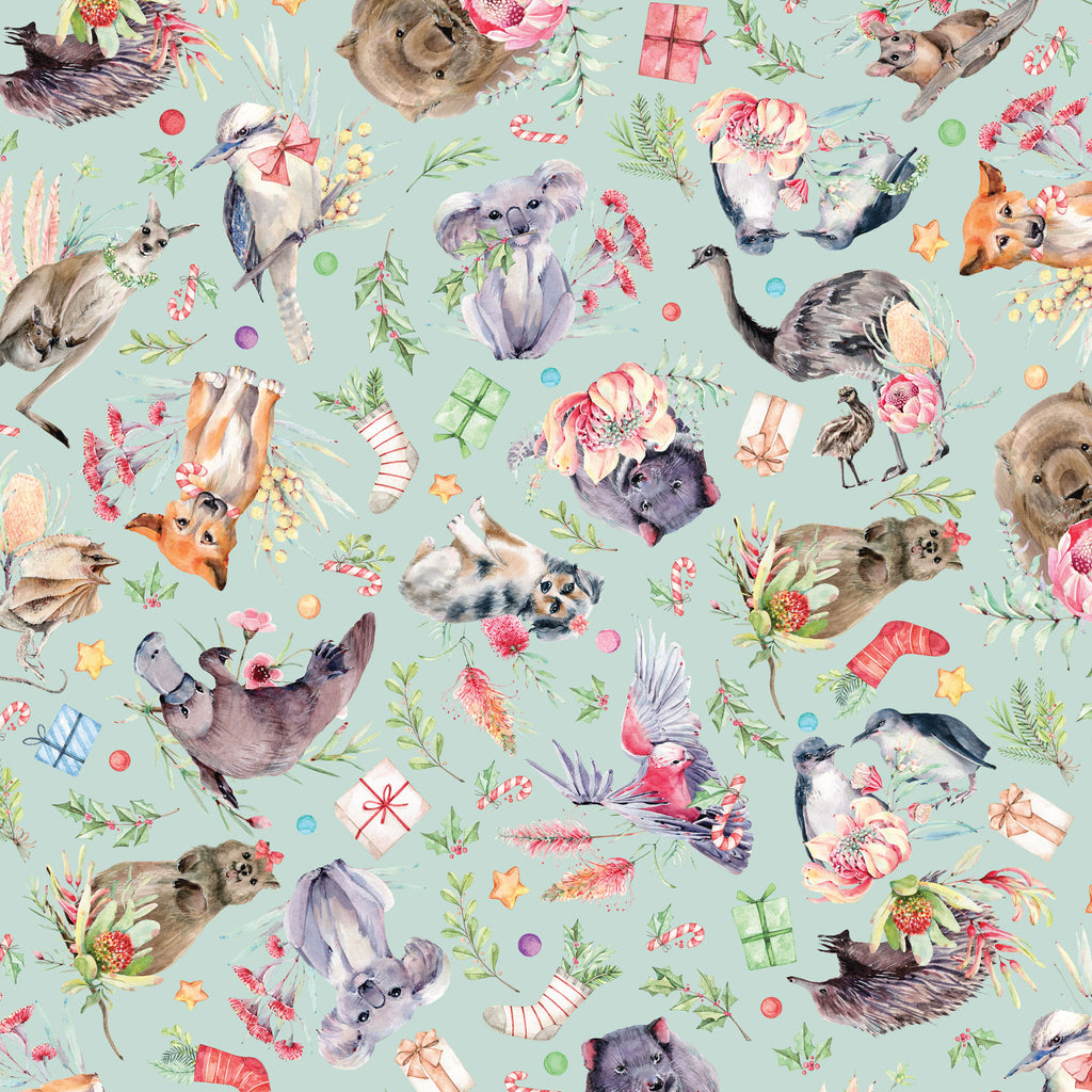 {New Arrival} Devonstone Bush Christmas Australiana Floral Animals Christmas Allover Pale Aqua