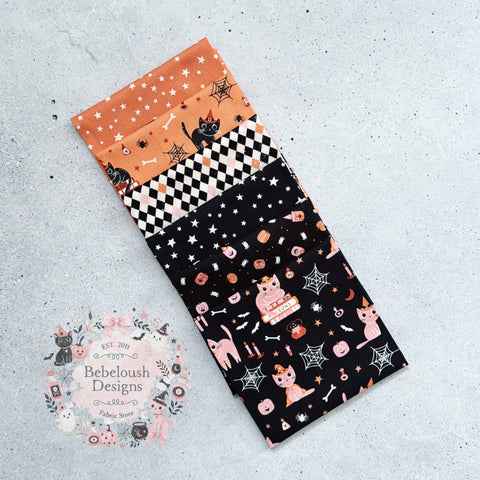 {New Arrival} Moda Fabrics Elena Amo Purrs & Boos Fat Quarter Bundle x 6 Pumpkin Black
