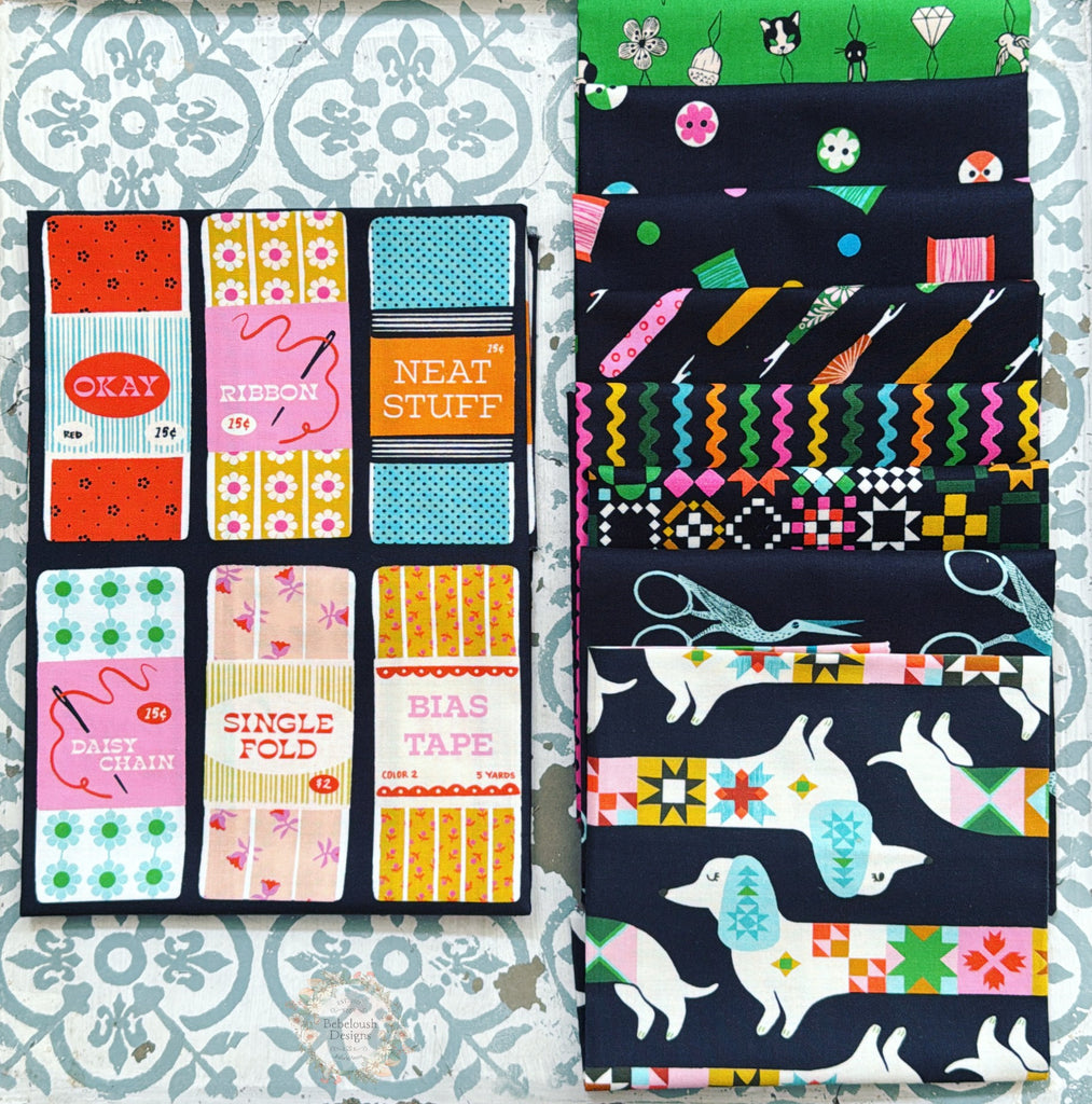 {New Arrival} Moda Ruby Star Society 1-800 Notion Fat Quarter Bundle x 8 Pieces Soft Black+ 1 Panel