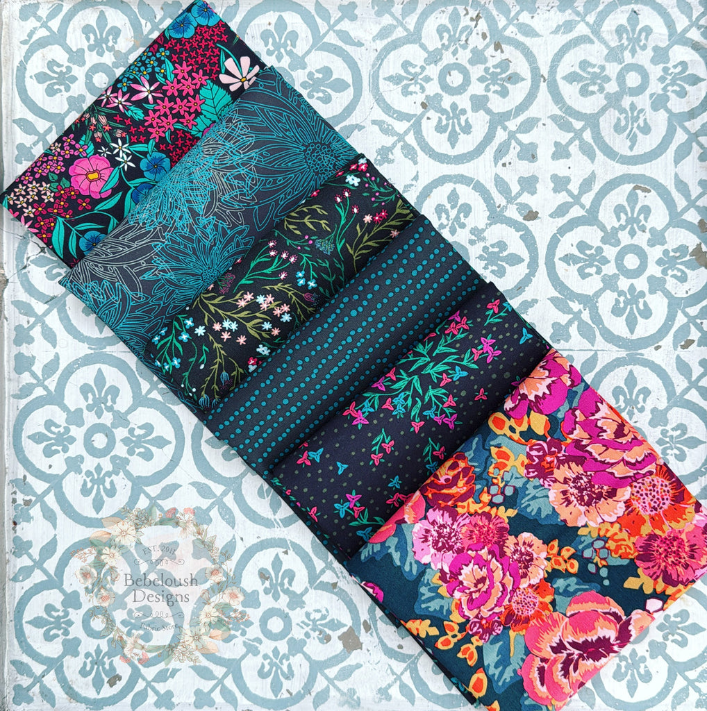 {New Arrival} Art Gallery Fabrics Curated Colour Series Fat Quarter Bundle x 6 Pieces Boho Teal
