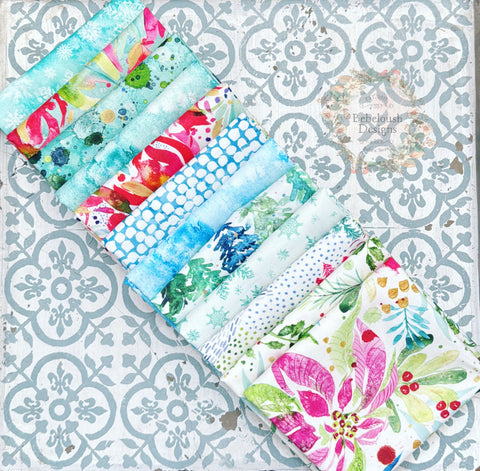 {New Arrival} Moda Create Joy Project by Laura Muir Mixed Line Fat Quarter Bundle x 10 Fat Quarters Christmas Edition Aqua Frost
