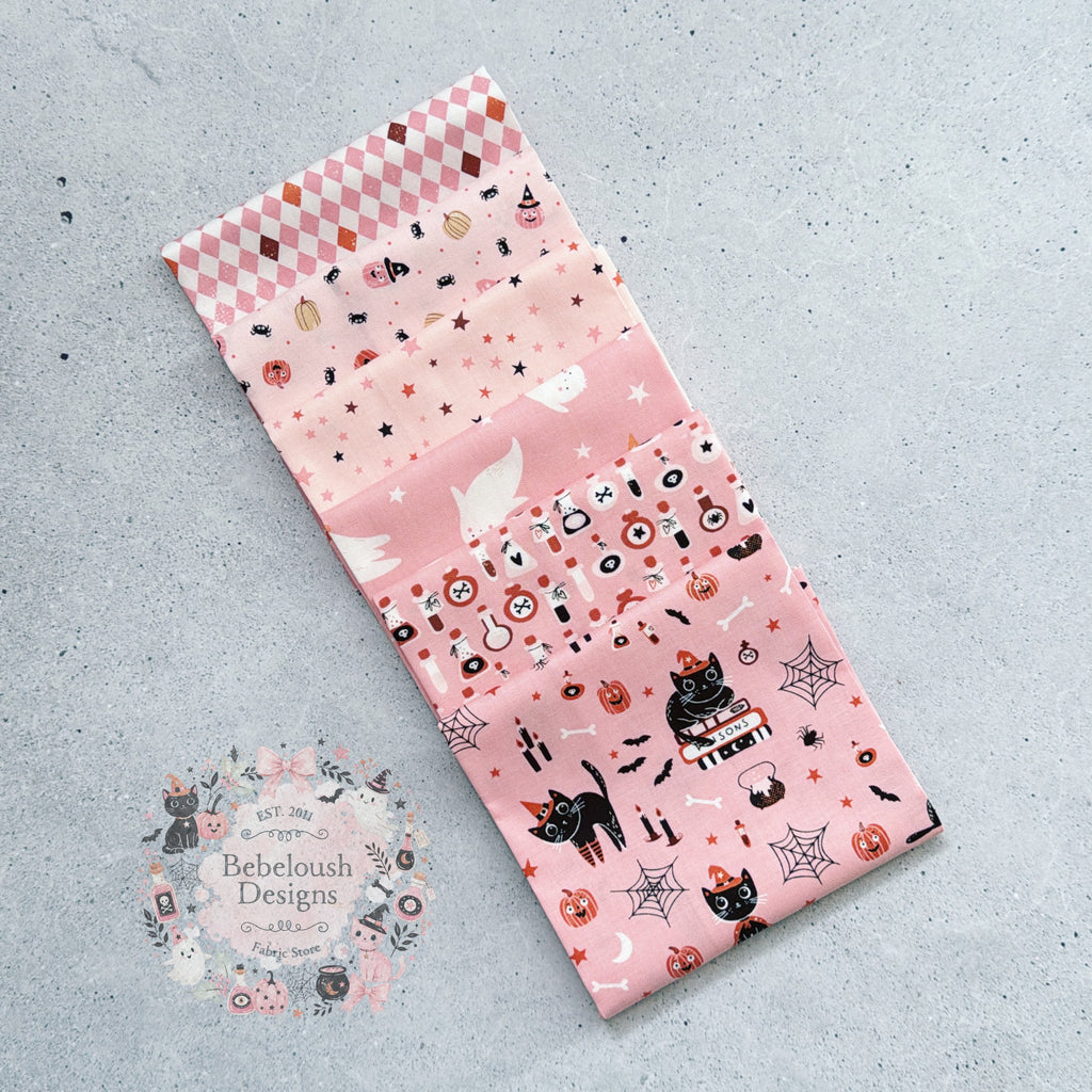 {New Arrival} Moda Fabrics Elena Amo Purrs & Boos Fat Quarter Bundle x 6 Fat Quarters Purrfect Pink
