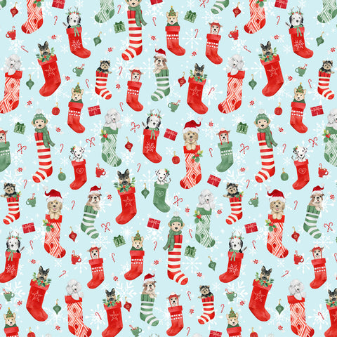 {New Arrival} Clothworks Santa Paws Digital Stockings Light Blue