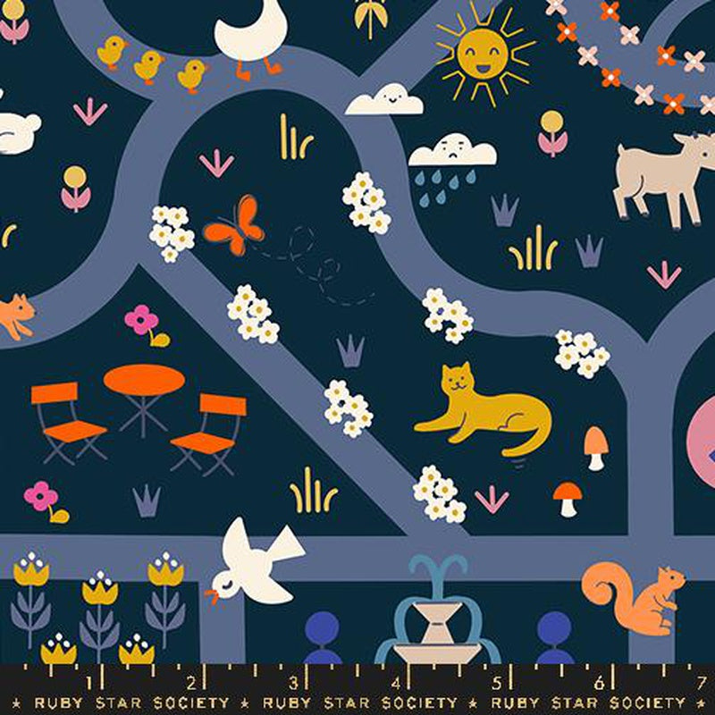 {New Arrival} Moda Ruby Star Society Woodland Park Garden Map Teal Navy