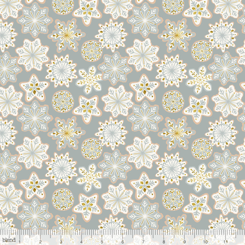 Blend Fabrics Kringle's Sweet Shop Frosted Snowflakes Grey (Glitter Print)