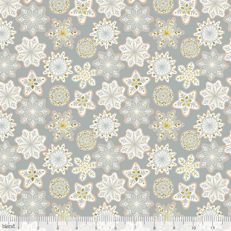 Blend Fabrics Kringle's Sweet Shop Frosted Snowflakes Grey (Glitter Print)