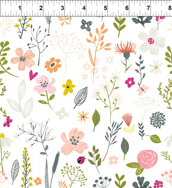 In The Beginning Fabrics Mermaid & Unicorns Flower Toss White